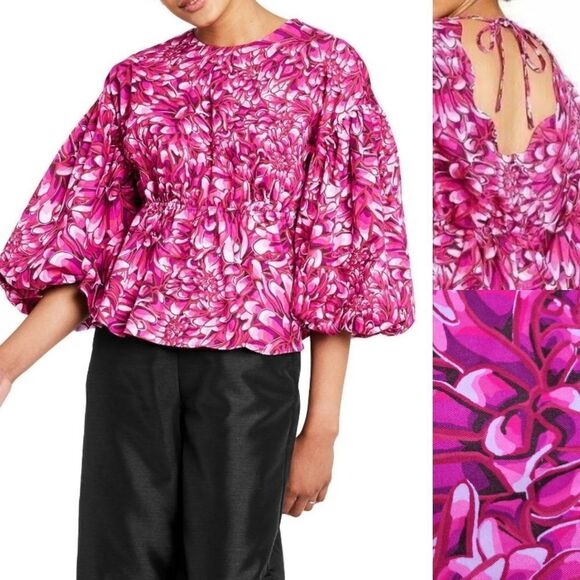 NEW KIKA VARGAS PINK FLORAL BUBBLE SLEEVE OPEN BACK PUFF PEPLUM TOP L XL NWT - Picture 1 of 10
